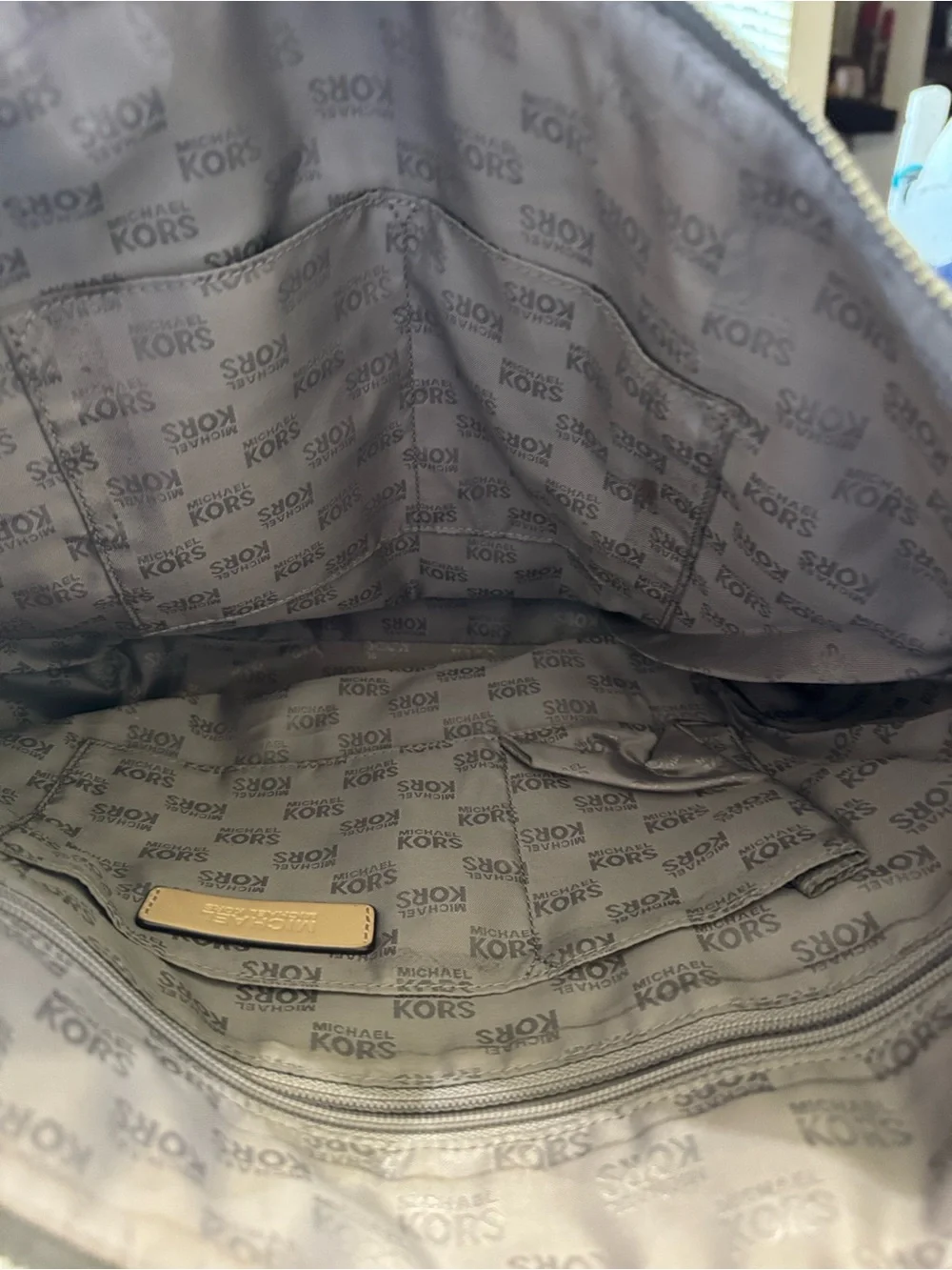 Michael Kors Metallic Gunmetal Tote with Light Tan Straps